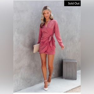 TRUE HAPPINESS SATIN WRAP MINI DRESS - ROSE - SIZE MEDIUM